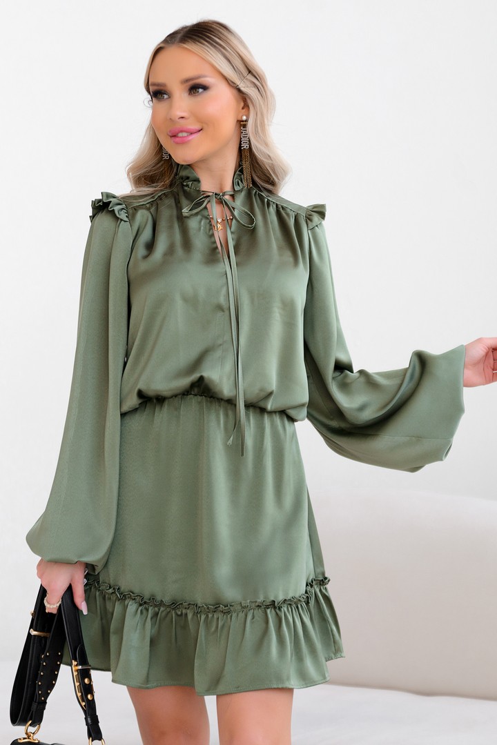 Фото товара 22495, оливковое шелковое платье с завязками